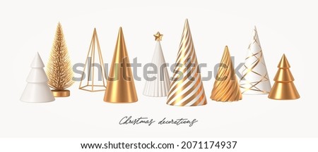 Set of different style Christmas tree cone. White and golden 3d render realistic abstract Christmas trees. Christmas decorations. Vector illustration.