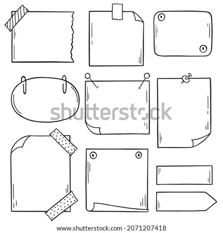 Set of Paper page doodle. Memo paper sheets, sticky note, reminder, notepad page with clip, pins and scotch tape in sketch style. Hand drawn vector illustration isolated on white background.