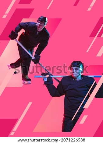 Developing motivation. Team game. Creative artwork of professional male hockey player training isolated over pink background. Concept of action, movement, hockey, match, game. Copy space for ad