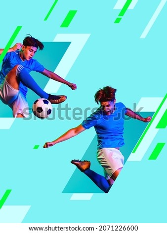 Dribbling. Creative artwork of professional male football player training isolated over blue background. Team game competition. Concept of action, movement, soccer, match, game. Copy space for ad