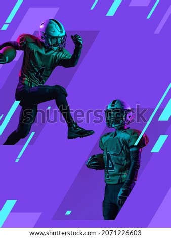 Defender. Creative artwork of professional male, american football player training isolated over purple background. Concept of action, movement, soccer, match, game. Copy space for ad