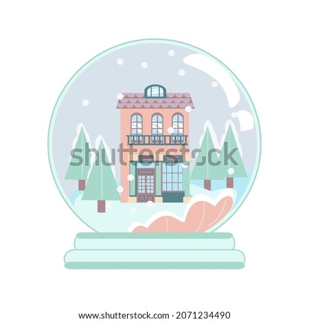 Two-storey House and christmas tree in snow globe. Vector cartoon illustration