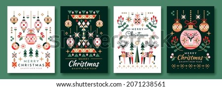 Set of four different Christmas greeting card designs with festive colorful ornaments, trees and reindeer with assorted text, colored vector illustration