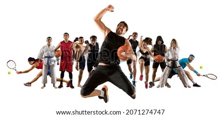 Sport collage. basketball, running,  boxing,  taekwon-do and tennis players. Fit woman and men standing isolated on white Royalty-Free Stock Photo #2071274747