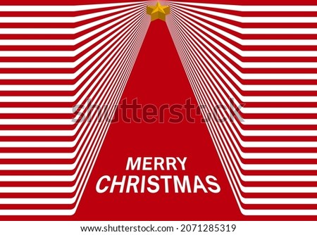 The illusion of white stripes. Red christmas tree background with golden stars. Designs for card, gift wrap, cover, poster, fabric pattern, textile, wall. Vector illustration.
