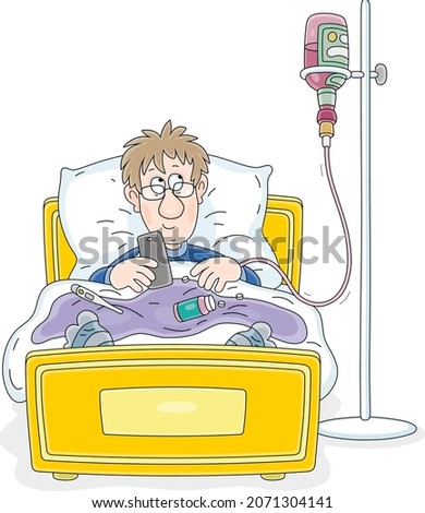 Funny patient with a dropping wine bottle instead a medicine dropper lying in his bed in a hospital ward, vector cartoon illustration on a white background
