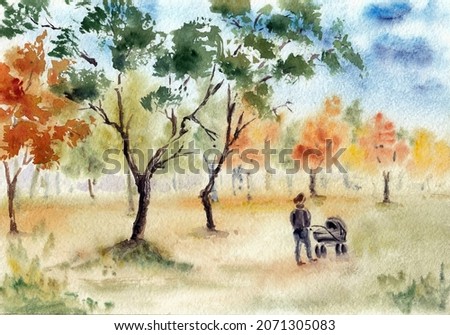 Autumn landscape with woman and baby carriage walking in the park. Hand drawn watercolor picture with paper texture. Raster bitmap image