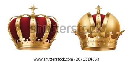 Realistic golden crowns. King, prince and queen gold crowns set. Royal heraldic decoration. Monarch coronation royalty signs isolated on white background. 3d vector illustration