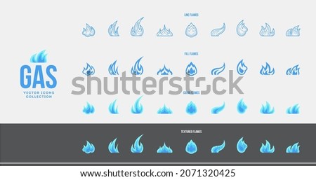 Huge set of natural gas burning flames. Blue fire clip art. Flat style vector icons collection. Industry symbols.
