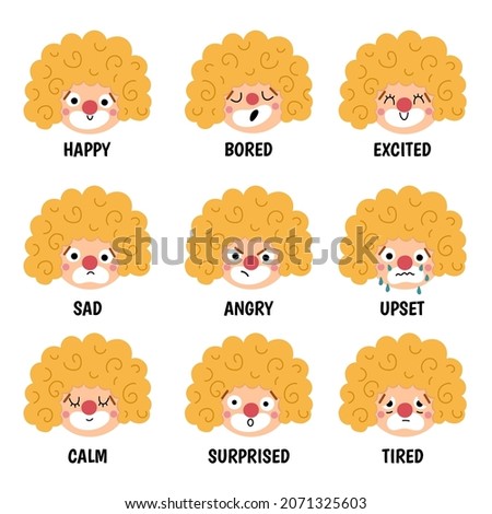Vector set with clown faces showing feelings and emotions. Circus artists avatars clipart. Amusement heads icons. Cute funny festival characters clipart. Street show comedians illustration
