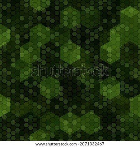 Texture military dark green colors forest camouflage seamless pattern. Oak woodland hexagon snakeskin. Abstract army and hunting masking ornament texture. Vector illustration background