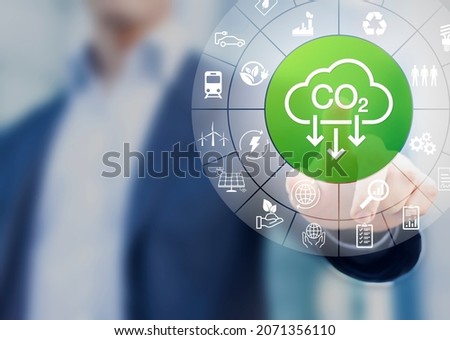 Lower CO2 emissions and reduce carbon footprint to limit global warming and climate change. Sustainable development and green business based on renewable energy, electric power, environment protection Royalty-Free Stock Photo #2071356110