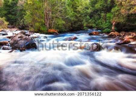 River meet point on Cuvier river near entrance to Platypus bay of Lake St Clair in Tasmania - wild rivers.