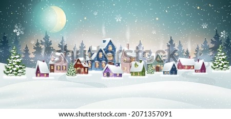 Winter village landscape with snow covered houses in pine forest. Christmas holidays vector illustration Royalty-Free Stock Photo #2071357091