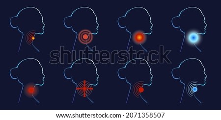 Set of Woman silhouettes sore throat, irritation, symptom of flu, health problems. Vector illustration in neon light style, medical concept, head profile, icon, healthcare service logo, flat style Royalty-Free Stock Photo #2071358507