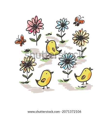 Cute sketch hand drawn color birds and flowers