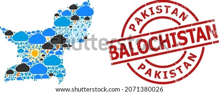 Climate mosaic map of Balochistan Province, and grunge red round stamp. Geographic vector mosaic map of Balochistan Province is combined with random rain, cloud, sun, thunderstorm symbols.