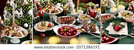 Christmas collage with traditional Polish Christmas Eve dishes, pastries and wafer on festive table 