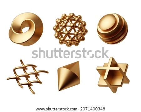 3d render, assorted abstract geometric shapes and objects. Collection of golden design elements. Clip art isolated on white background