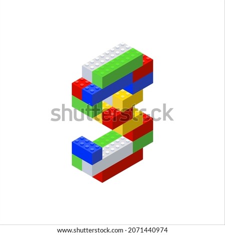 Isometric letter 3 assembled from plastic blocks. Vector illustration.