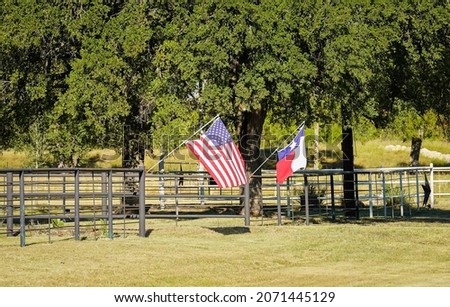 American and Texas Flag Waving in the Breeze on a Fence