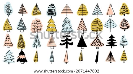Set of hand drawn Christmas tree in Scandinavian style. Holiday decorations isolated elements. Hand-drawn 36 Christmas tree doodle icons for greeting cards, holiday backgrounds. Doodle style. Vector. 