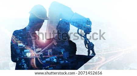 Futuristic architecture engineer using robot ai technology assistant development of modern city building structure, innovative idea efficient work teamwork dynamic blue double exposure background Royalty-Free Stock Photo #2071452656