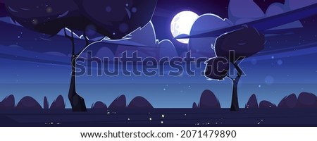 Summer landscape with grass, bushes and trees at night. Vector cartoon illustration of nature scene with spring lawn, fireflies, clouds, moon and stars in dark sky. Rural meadow in moonlight Royalty-Free Stock Photo #2071479890