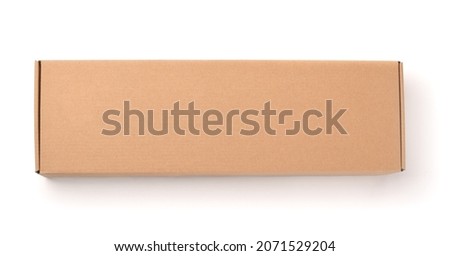 Top view of long closed rectangle blank brown cardboard box isolated on white Royalty-Free Stock Photo #2071529204