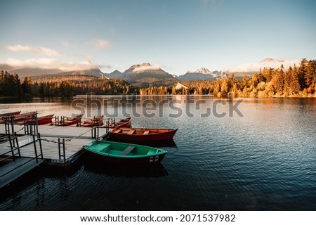 Morning autumn view on Lake Strbske pleso. Strbske lake in High Tatras National Park, Slovakia landscape, Europe.