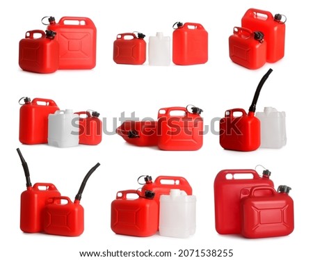 Set of plastic jerrycans on white background