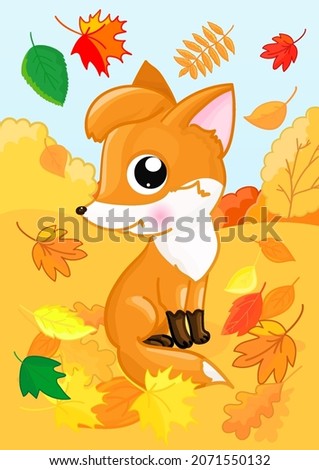 Awesome fox with leaves. Cartoon style. Vector illustration with foxy character.