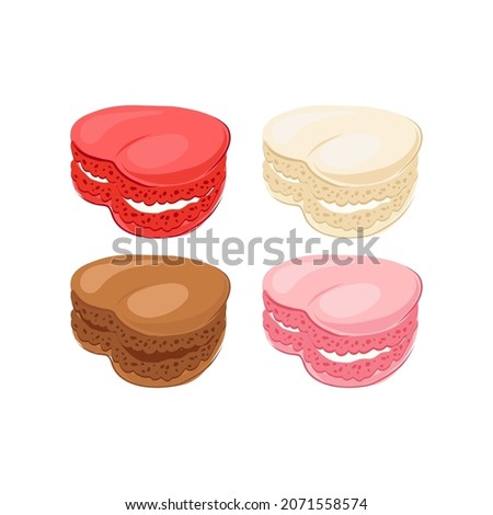 Heart shaped macaron vector clip art set isolated on white. Valentines day sweets illustration collection. Sweet treats graphic elements for romantic design