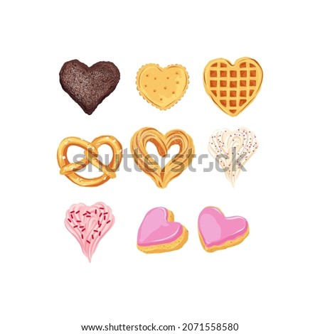 Cookies Buiscuits Waffles vector clip art set isolated on white. Valentines day sweets illustration collection. Sweet treats graphic elements for romantic design
