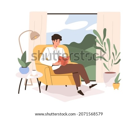 Person reading book, sitting in armchair by window in living room. Man in chair at home with literature and coffee cup. Businessman reader. Flat vector illustration isolated on white background Royalty-Free Stock Photo #2071568579