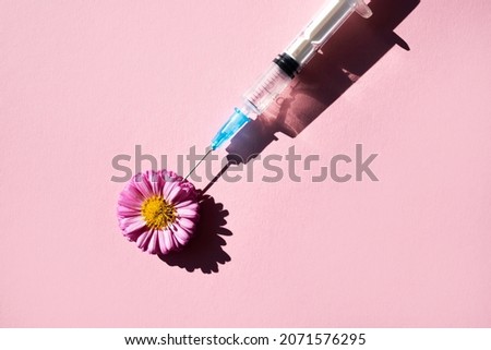 A natural pink flower and a syringe for injection casts a shadow on a pink background. View from above. The concept of cosmetic procedures. Royalty-Free Stock Photo #2071576295