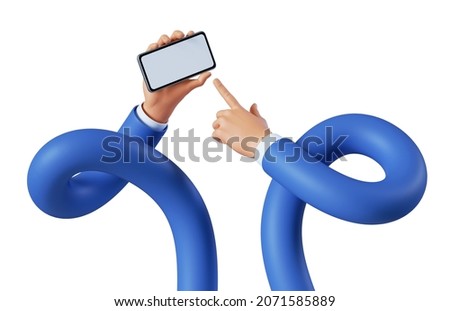 3d render, cartoon flexible long hands hold smart phone electronic device with empty screen. Business clip art isolated on white background. Touchscreen technology