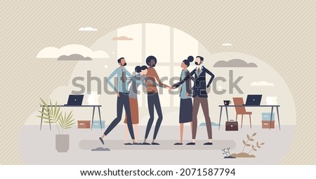Company culture ideology and multicultural business values tiny person concept. Professional work goals, attitudes and practices vector illustration. Multiracial job community and unity principles. Royalty-Free Stock Photo #2071587794
