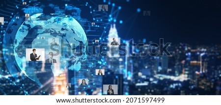 Abstract glowing globe hologram with photo gallery on dark night city background. Technology, global media and entertainment concept. Mock up, Double exposure