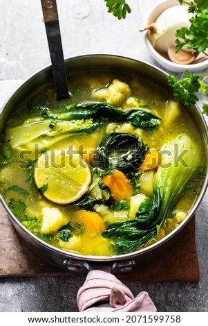 Pak choi in coconut milk soup food photography in aerial view