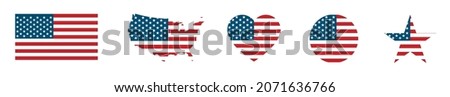 USA flag . Isolated set of American national flag icons . Vector illustration on white background . Flag in circle, map, star and heart shapes . 4th july .