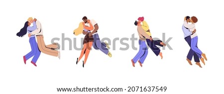 Kissing couples collection. Vector illustration in trendy cartoon flat style of diverse hovering and kissing people. Isolated on white Royalty-Free Stock Photo #2071637549