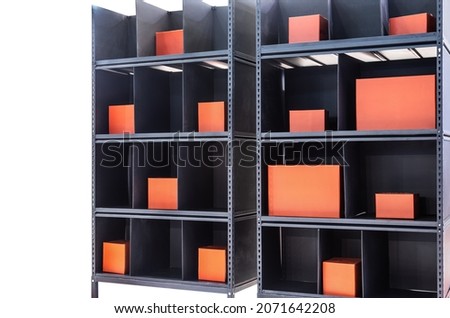 Retail warehouse filled with Shelves with Goods in cardboard boxes and packages isolated on a white background