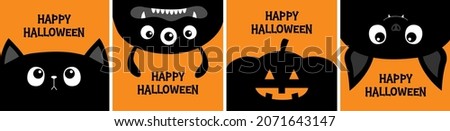 Happy Halloween. Bones text font. Bone letter type. Black cat kitten head face, monster, bat, pumpkin set line. Cute cartoon pet character. Greeting card. Flat design. Orange background
