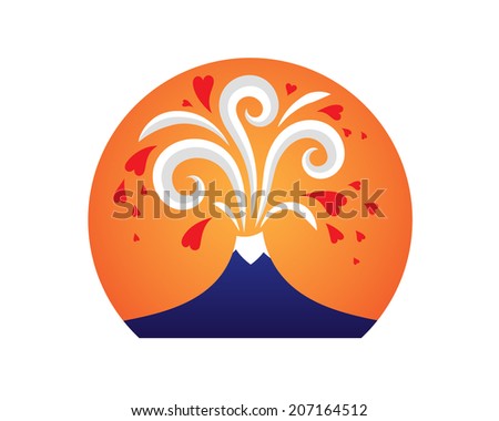 Abstract illustration with volcano and hearts.
