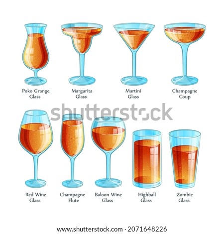 Types of cocktail glasses in color with names on white background. Can use it for menu, labels, flyers and adds