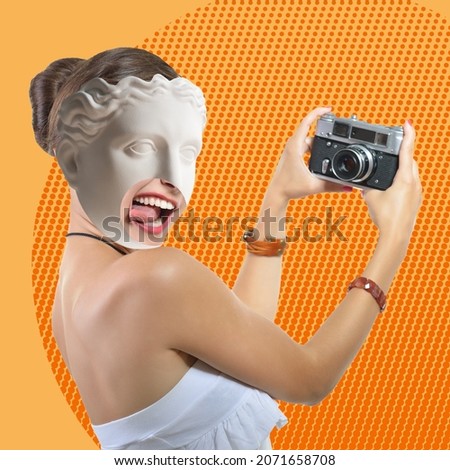 Contemporary collage of plaster statue head and young woman grimaces with open mouth takes her self picture with retro photo camera, over halftone comics pattern. Antiquity and modernity Royalty-Free Stock Photo #2071658708