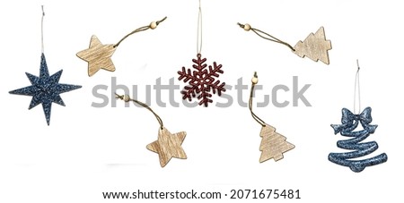 Set cristmas decorations isolated on white background, topview, flatlay. Collection of blue new year star, tree and red snowflake for designer. 