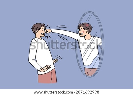 Angry man fight with mirror reflection. Furious mad guy have inner conflict and mental health problems. Suffering from abuse and self-violence. Anger control. Flat vector illustration. Royalty-Free Stock Photo #2071692998