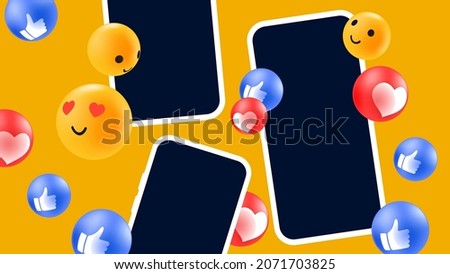 Digital Smartphones with Flying Emoji Reactions. Smartphone Mockup. Vector illustration